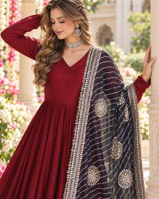 Maroon rayon readymade navratri anarkali suit with embroidery & gotapatti work 2