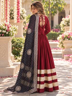 Maroon rayon readymade navratri anarkali suit with embroidery & gotapatti work 3