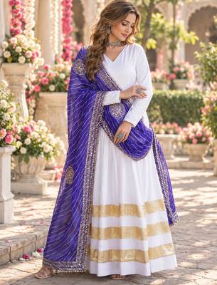 White rayon readymade navratri anarkali suit with embroidery & gotapatti work 1