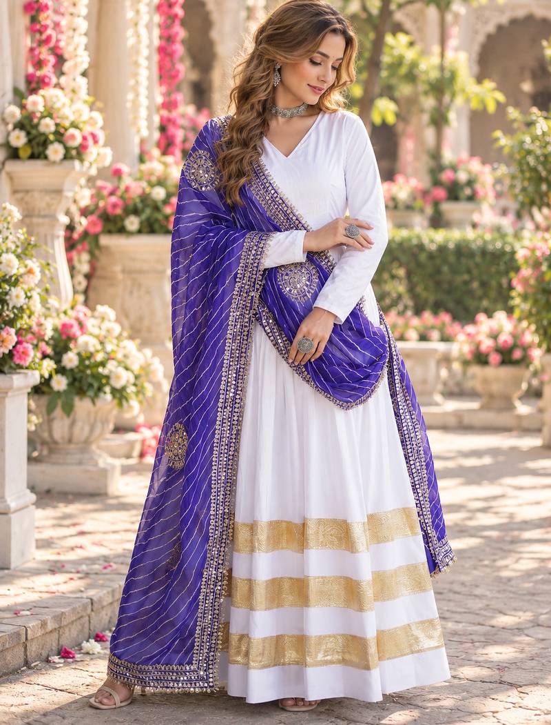 White rayon readymade navratri anarkali suit with embroidery & gotapatti work
