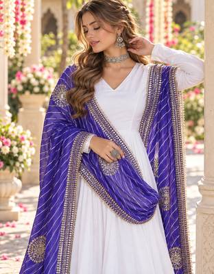 White rayon readymade navratri anarkali suit with embroidery & gotapatti work 2