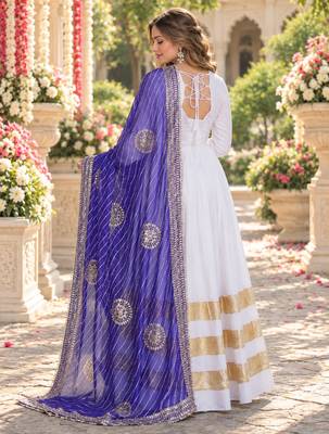 White rayon readymade navratri anarkali suit with embroidery & gotapatti work 3