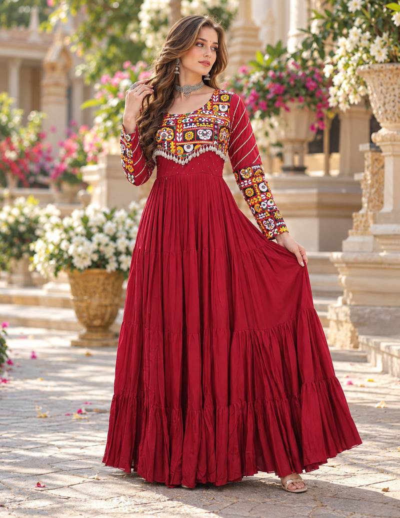Maroon Rayon Ready-to-Wear Navratri Anarkali Suit with Embroidery & Mirror Work