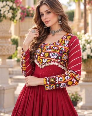 Maroon Rayon Ready-to-Wear Navratri Anarkali Suit with Embroidery & Mirror Work 2