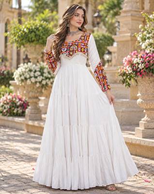 White rayon readymade navratri anarkali suit with embroidery & miroor work 1