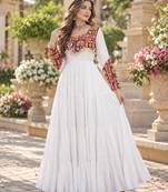 White rayon readymade navratri anarkali suit with embroidery & miroor work