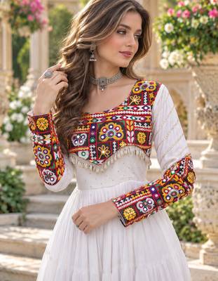 White rayon readymade navratri anarkali suit with embroidery & miroor work 2