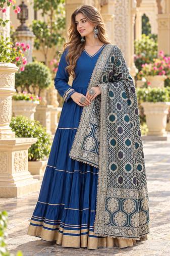 Blue rayon readymade anarkali suit with gotta patti & zari work