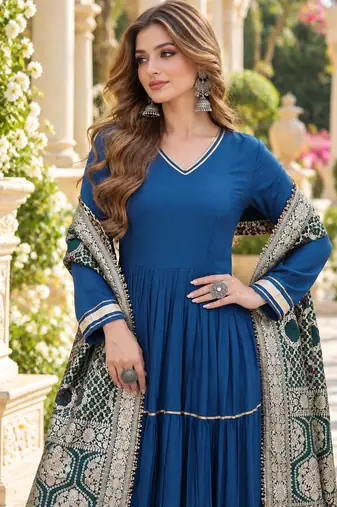 Blue rayon readymade anarkali suit with gotta patti & zari work
