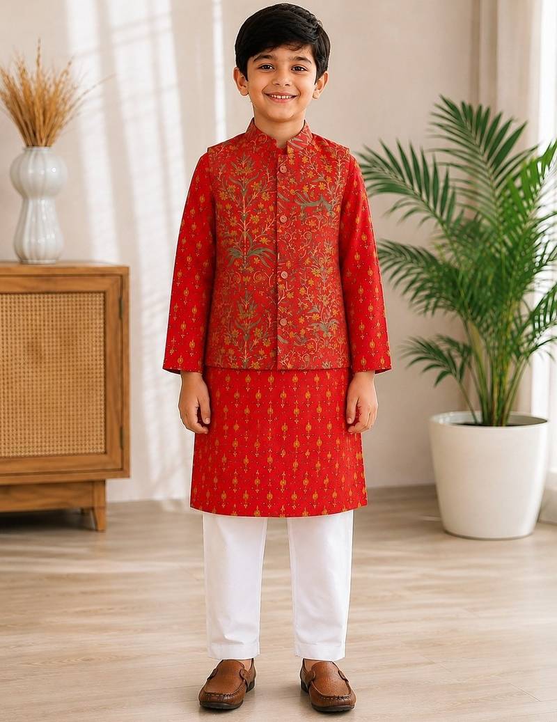 Red jaal boota kurta set