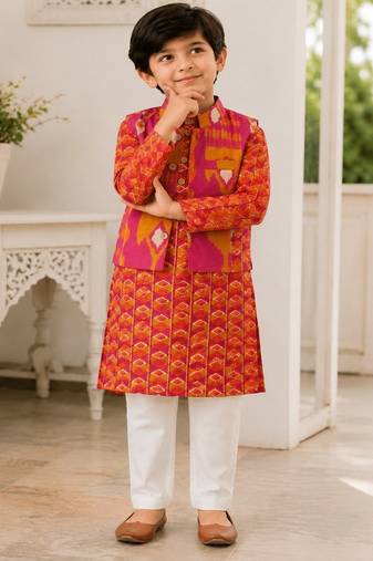 Boys rani pink ikkat kurta set