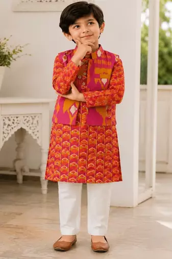 Boys rani pink ikkat kurta set