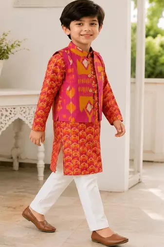 Boys rani pink ikkat kurta set