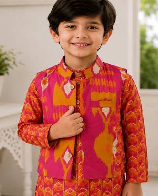 Boys rani pink ikkat kurta set 3