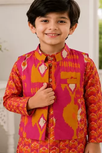 Boys rani pink ikkat kurta set