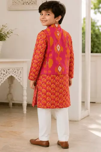 Boys rani pink ikkat kurta set
