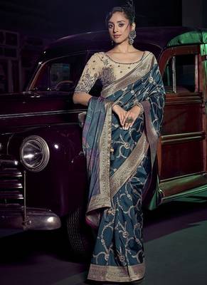 teal viscose silk blend with 3d weaved pallu festival wear saree 1