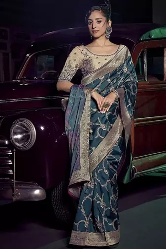 teal viscose silk blend with 3d weaved pallu festival wear saree