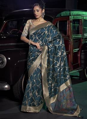 teal viscose silk blend with 3d weaved pallu festival wear saree 2