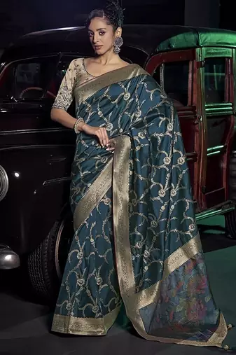 teal viscose silk blend with 3d weaved pallu festival wear saree