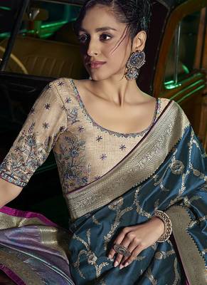 teal viscose silk blend with 3d weaved pallu festival wear saree 3
