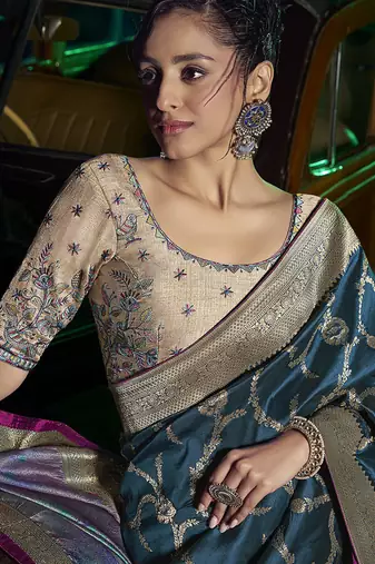teal viscose silk blend with 3d weaved pallu festival wear saree
