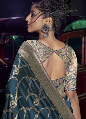 teal viscose silk blend with 3d weaved pallu festival wear saree 4