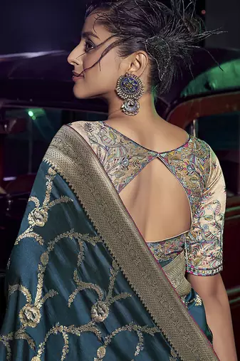 teal viscose silk blend with 3d weaved pallu festival wear saree