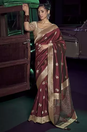 maroon viscose silk blend with 3d weaved pallu festival wear saree