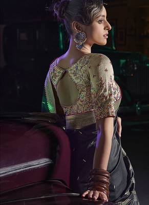 black viscose silk blend with 3d weaved pallu festival wear saree 3