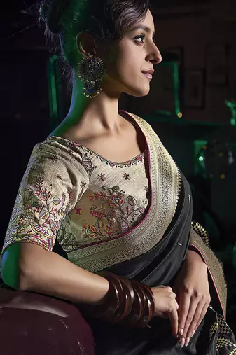 black viscose silk blend with 3d weaved pallu festival wear saree