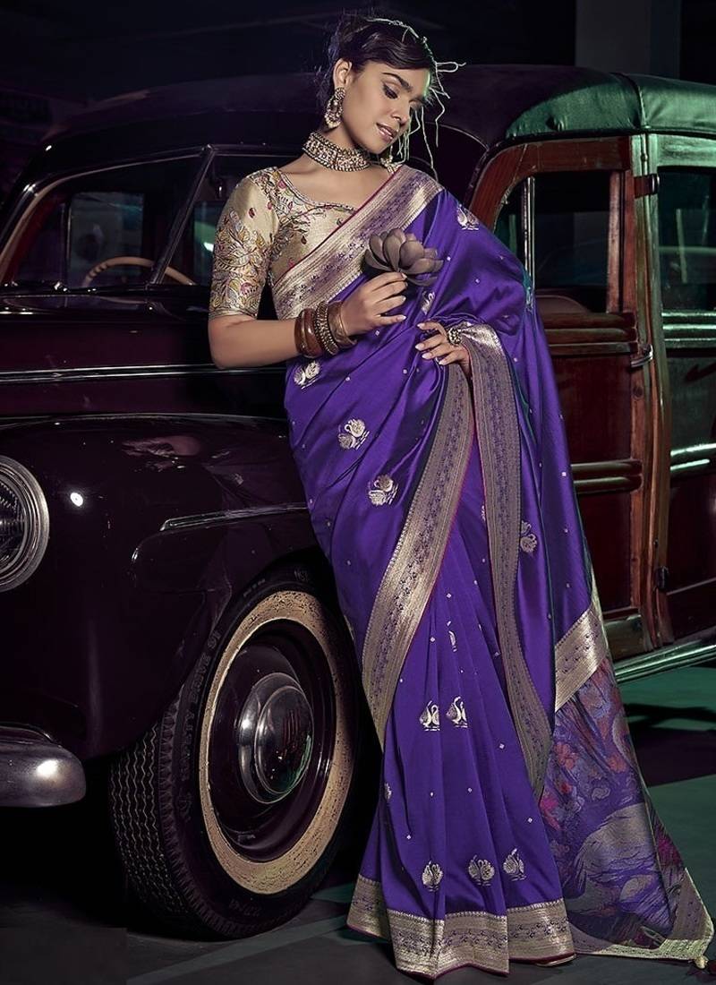 purple viscose silk blend with 3d weaved pallu festival wear saree