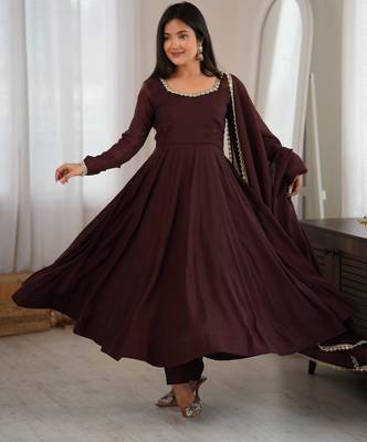 Dark brown anarkali gown for women with designer golden border dupatta 1