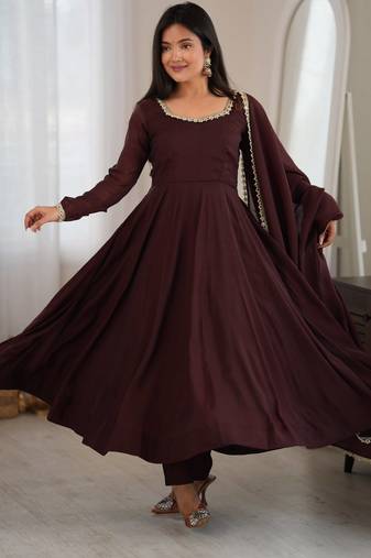 Dark brown anarkali gown for women with designer golden border dupatta