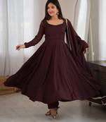 Dark brown anarkali gown for women with designer golden border dupatta