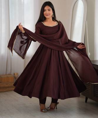 Dark brown anarkali gown for women with designer golden border dupatta 2