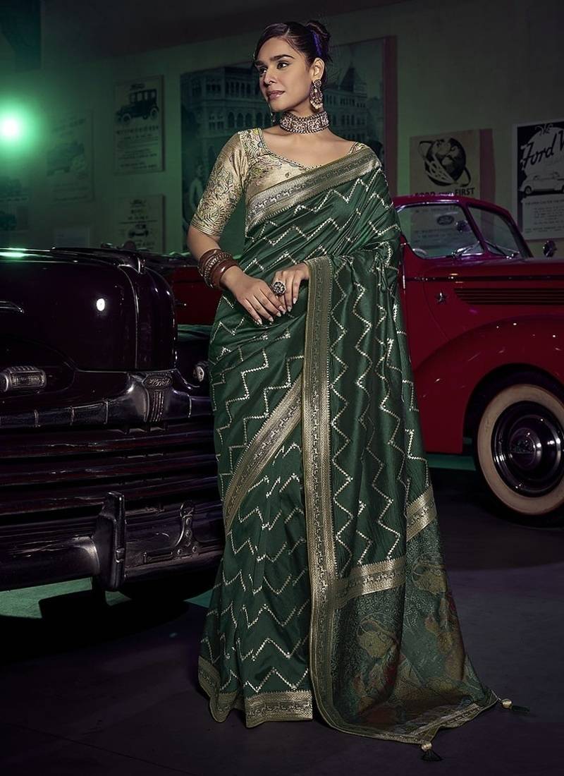 dark green viscose silk blend with 3d weaved pallu festival wear saree