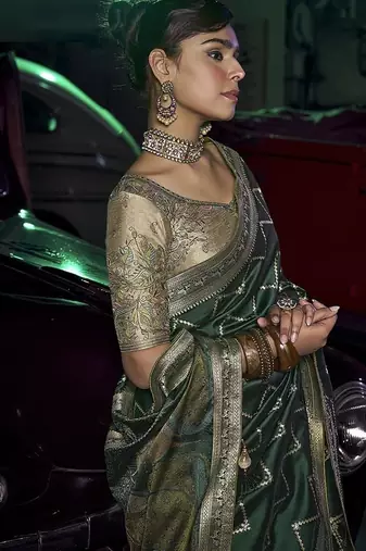 dark green viscose silk blend with 3d weaved pallu festival wear saree