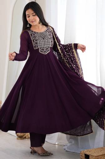 Elegant purple anarkali gown suit with embroidered dupatta