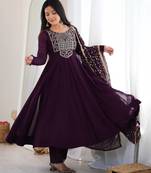 Elegant purple anarkali gown suit with embroidered dupatta