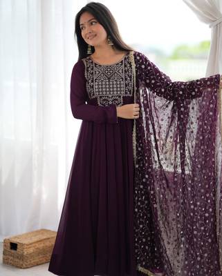 Elegant purple anarkali gown suit with embroidered dupatta 2