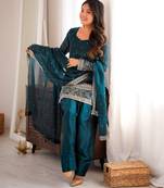 elegant rama kurta patiala set with embroidered border dupatta