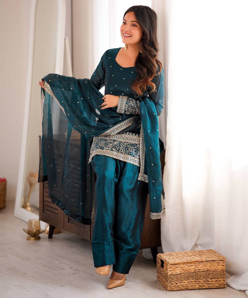 elegant rama kurta patiala set with embroidered border dupatta