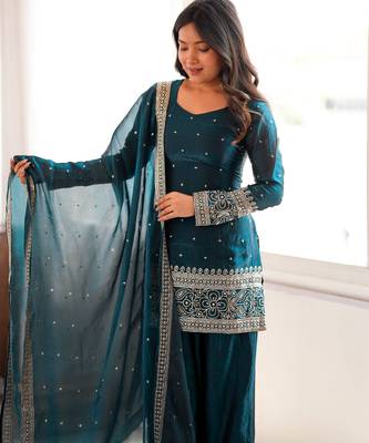 elegant rama kurta patiala set with embroidered border dupatta 2