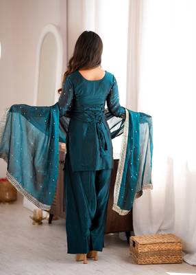 elegant rama kurta patiala set with embroidered border dupatta 3