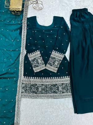 elegant rama kurta patiala set with embroidered border dupatta 4