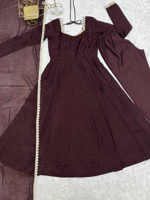 Dark brown anarkali gown for women with designer golden border dupatta 5