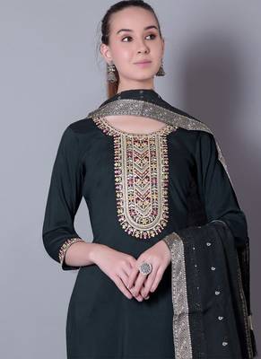 GREEN EMBROIDERY ZARI WORK FABRIC SILK BLEND WOMENS ETHNIC WEAR KURTI PANT DUPATTA  2