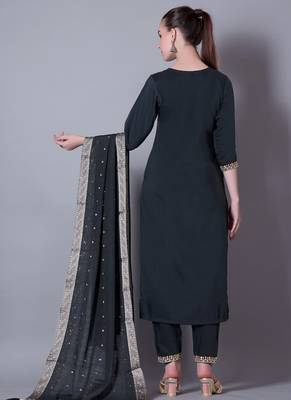 GREEN EMBROIDERY ZARI WORK FABRIC SILK BLEND WOMENS ETHNIC WEAR KURTI PANT DUPATTA  4