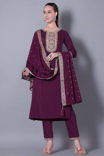 WINE EMBROIDERY ZARI WORK FABRIC SILK BLEND WOMENS ETHNIC WEAR KURTI PANT DUPATTA 